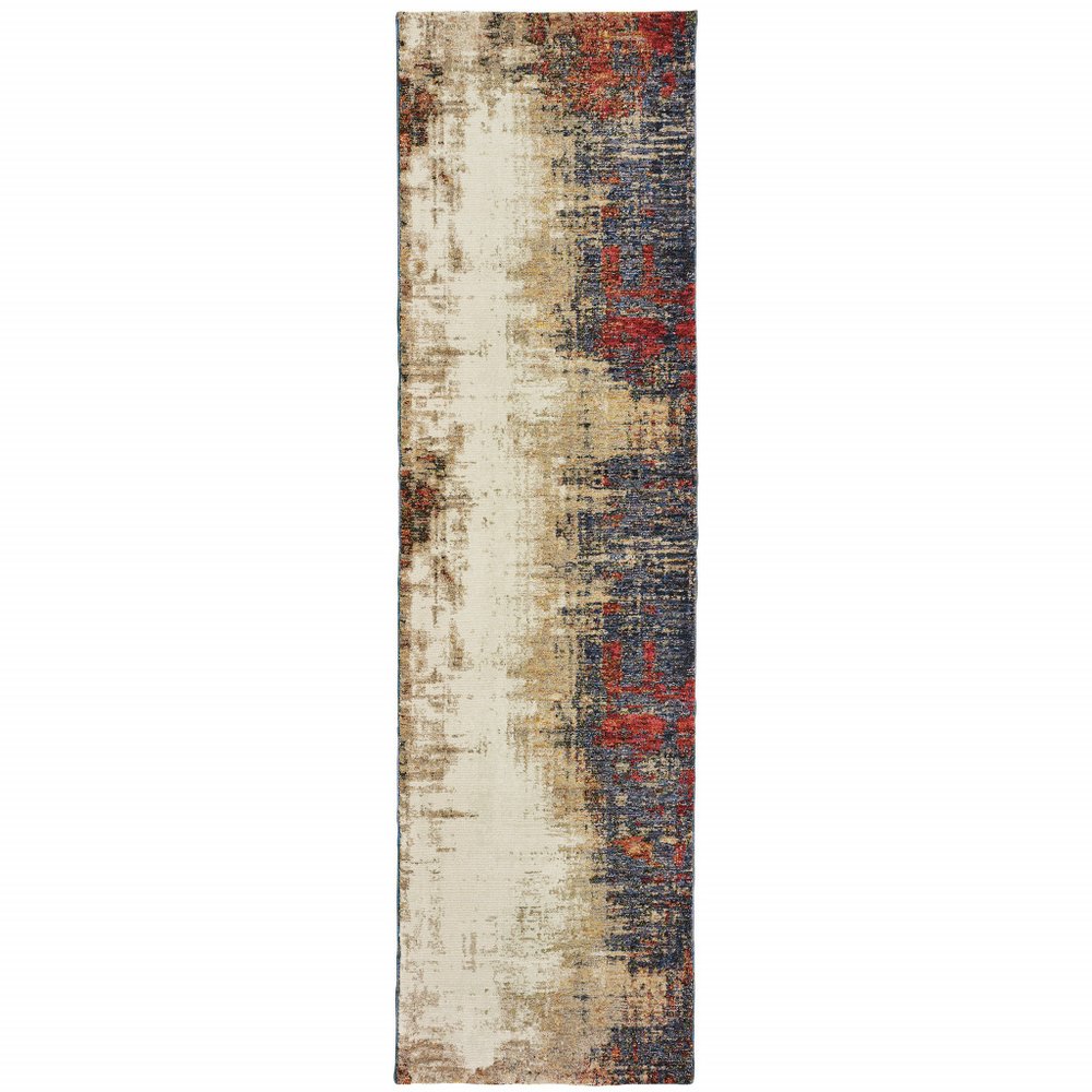 Abstract distressed runner rug in cream, beige, navy and red; long narrow hallway mat.