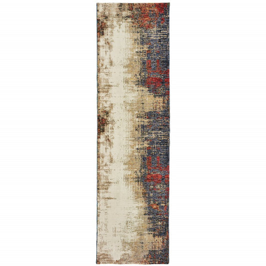 Abstract distressed runner rug in cream, beige, navy and red; long narrow hallway mat.