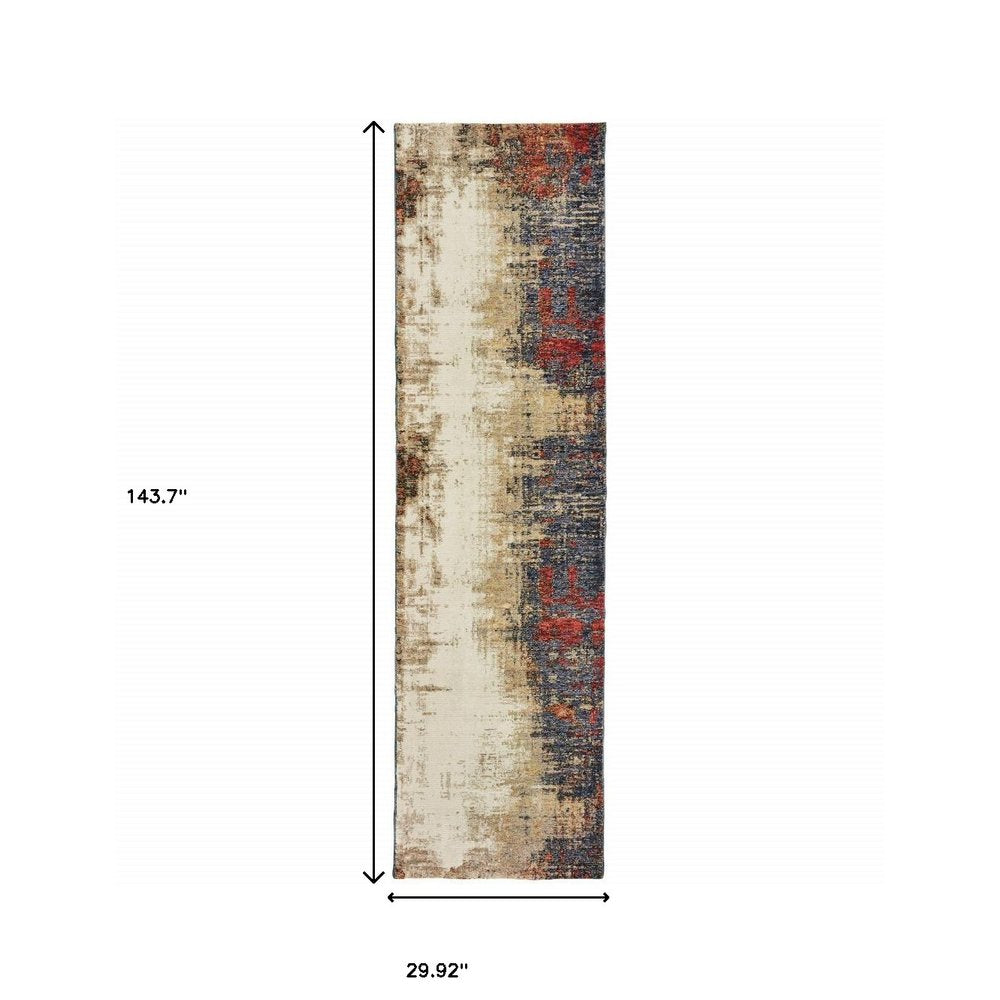 Abstract patterned runner rug: beige central field with blue-gray right edge and red accents; 29.92 by 143.7 inches.