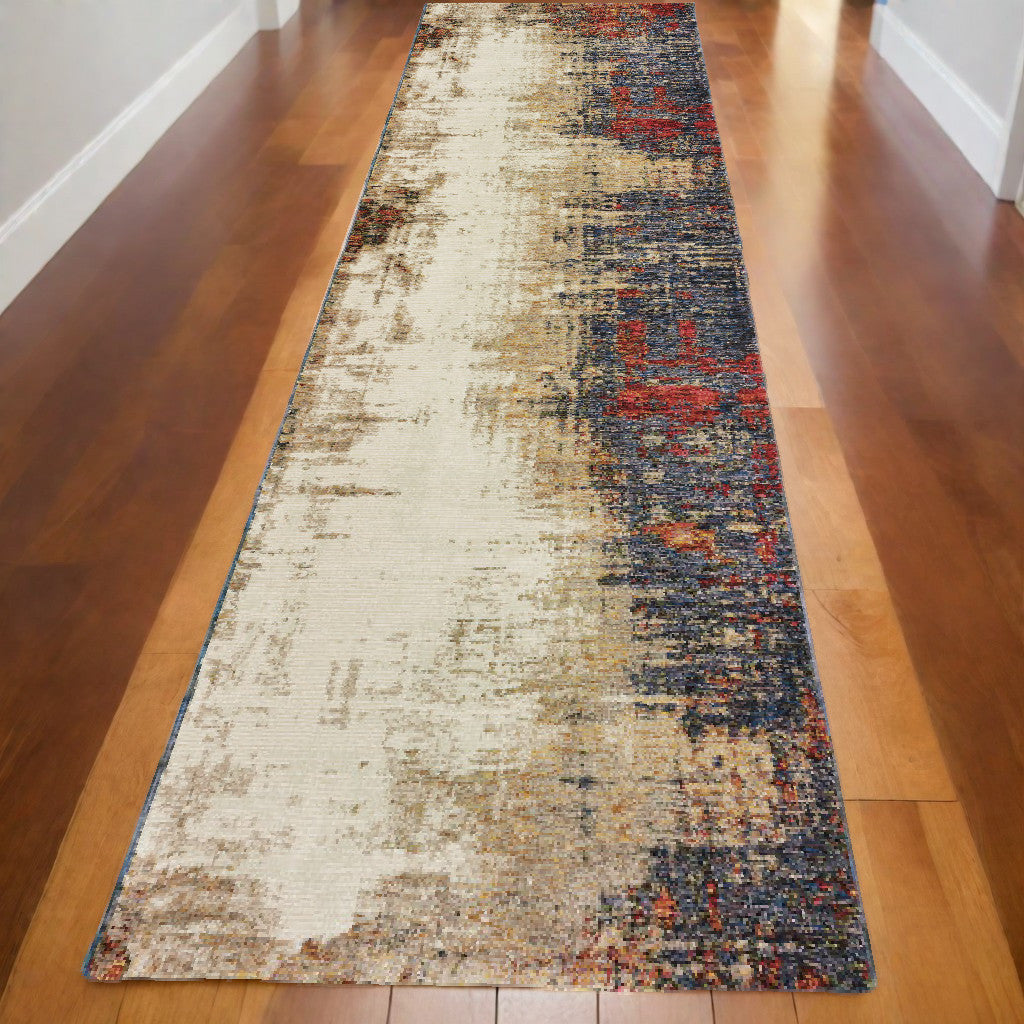 12' Runner Blue and Ivory Abstract Power Loom Runner Rug