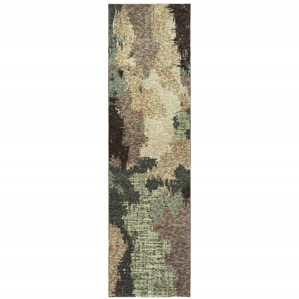 12' Blue And Brown Abstract Runner Rug
