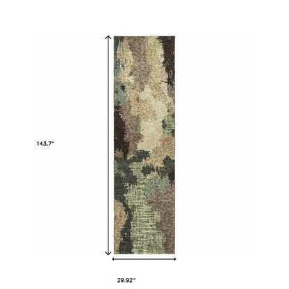 12' Blue And Brown Abstract Runner Rug