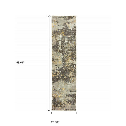 8' Gray And Ivory Abstract Runner Rug
