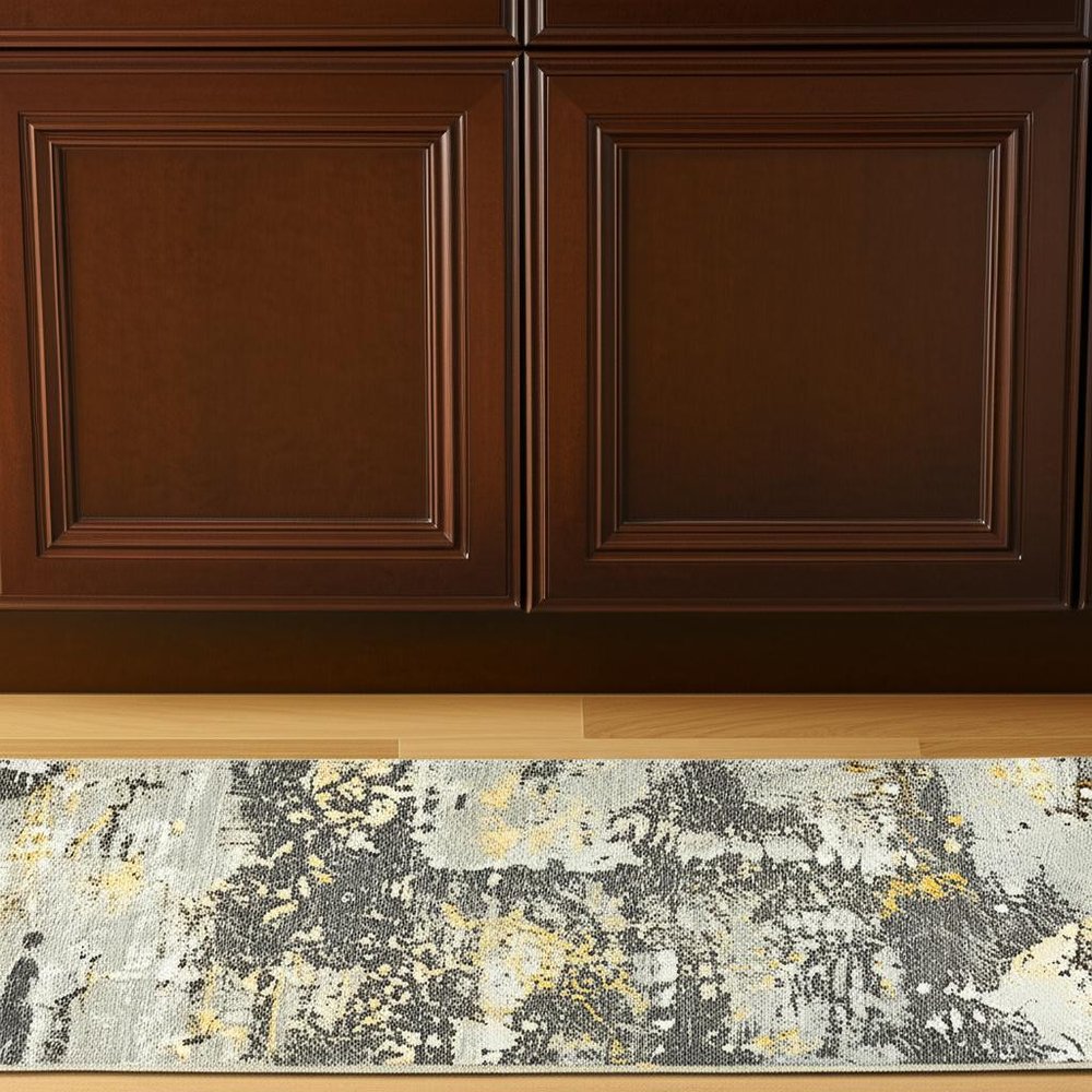 8' Gray And Ivory Abstract Runner Rug