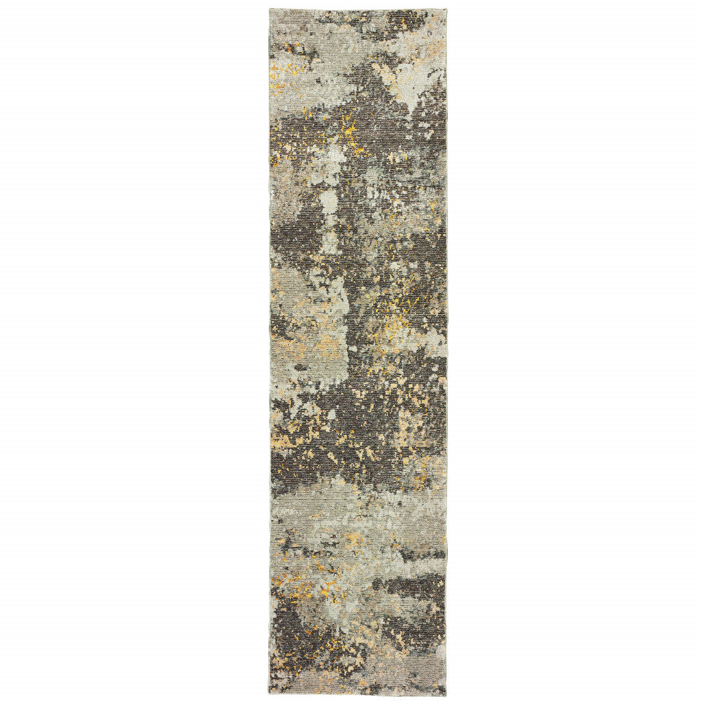 12' Runner Grey and Gold Abstract Power Loom Runner Rug