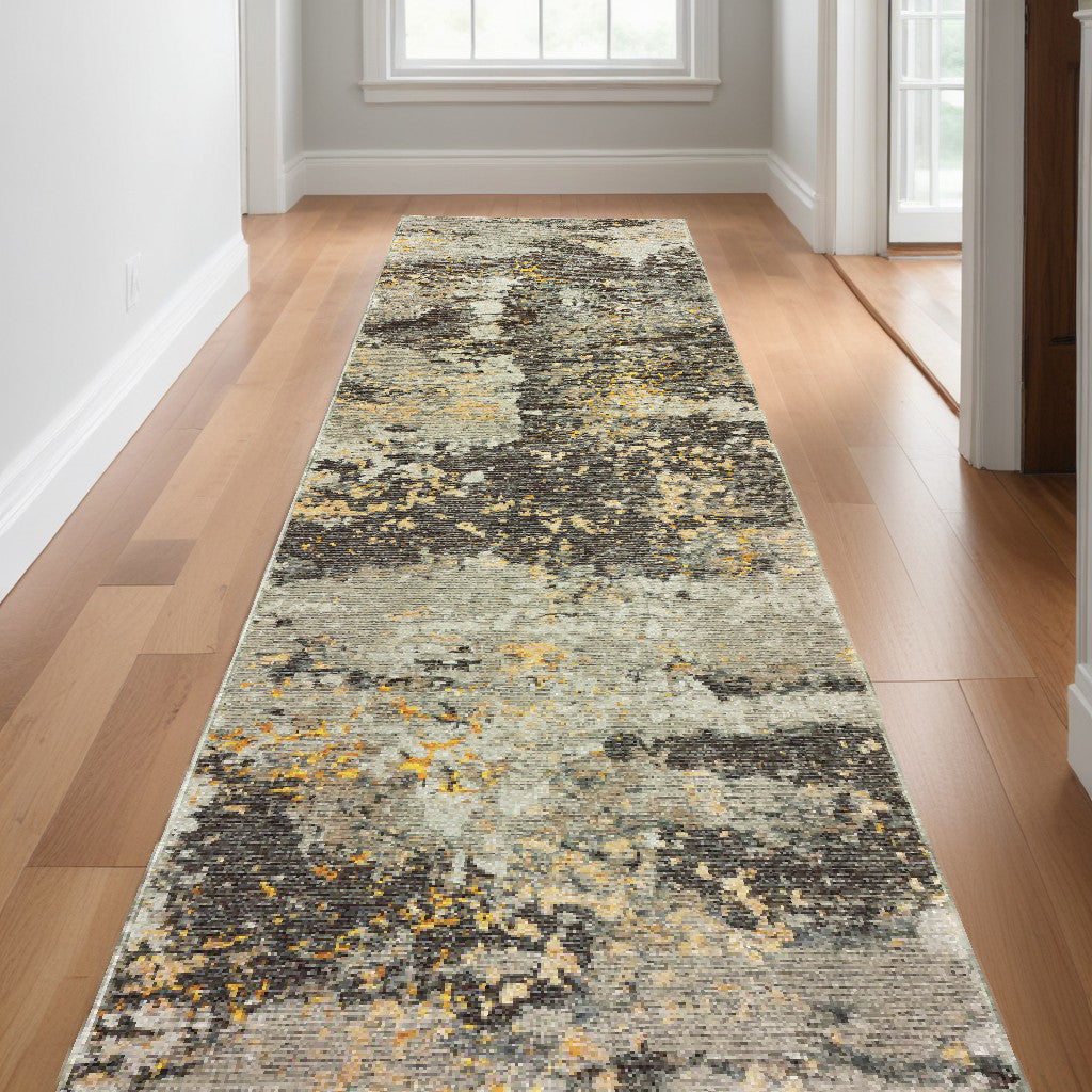 12' Runner Grey and Gold Abstract Power Loom Runner Rug