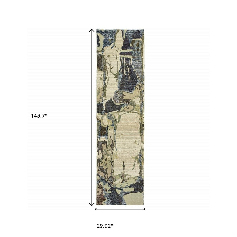 Blue and gray abstract-patterned rug runner; narrow hallway rug, 143.7" long x 29.92" wide.
