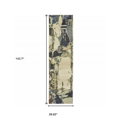 Blue and gray abstract-patterned rug runner; narrow hallway rug, 143.7" long x 29.92" wide.
