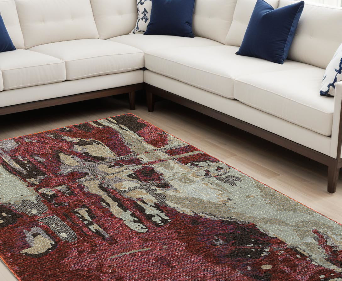 10' X 13' Red and Beige Abstract Power Loom Area Rug