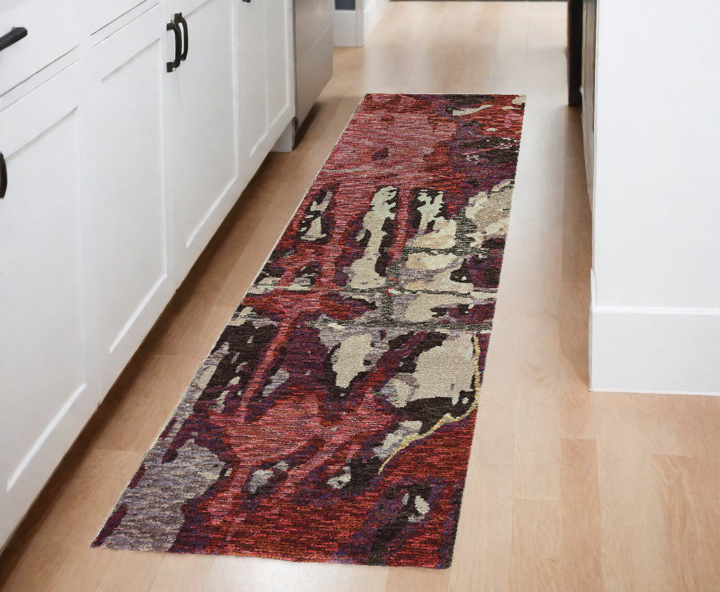 8' Runner Red and Beige Abstract Power Loom Runner Rug