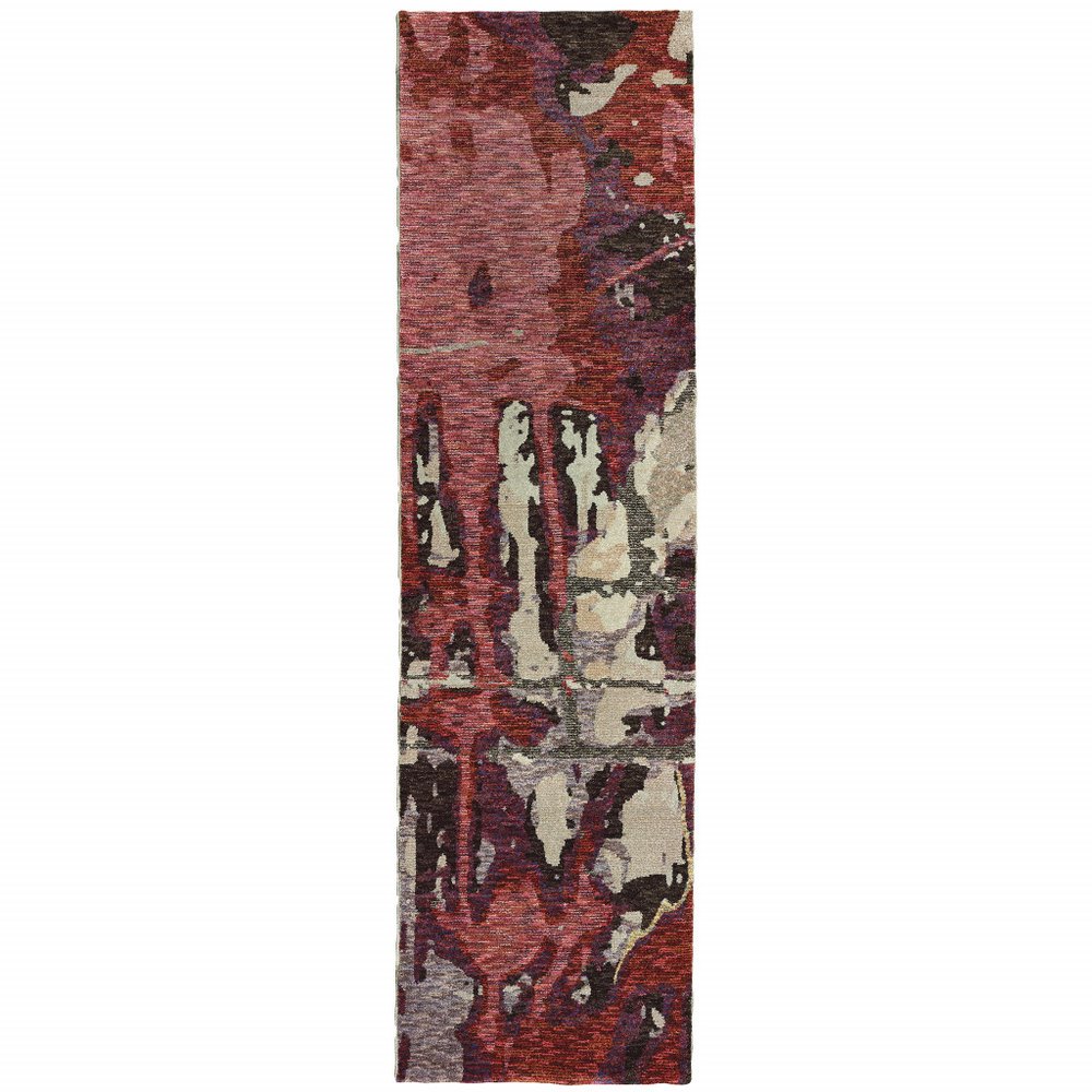 Vertical runner rug in abstract patchwork of red, burgundy, cream, beige and plum; modern, narrow hallway accent.