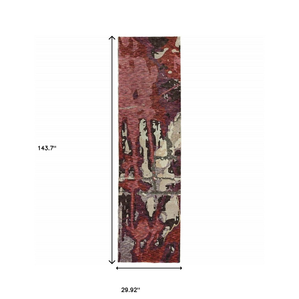 Abstract red and beige runner rug; narrow 29.92" wide by 143.7" long for hallways.