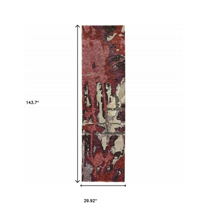 Abstract red and beige runner rug; narrow 29.92" wide by 143.7" long for hallways.