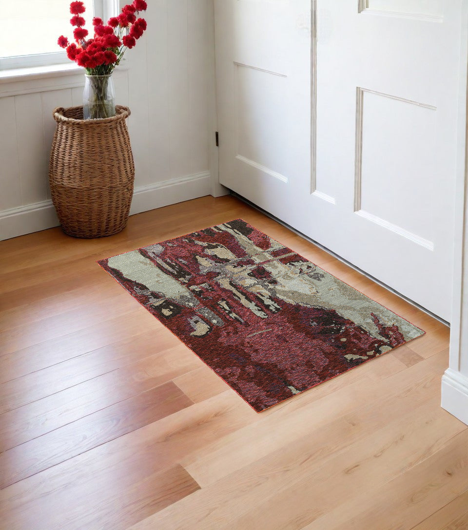 3' X 5' Red and Beige Abstract Power Loom Area Rug