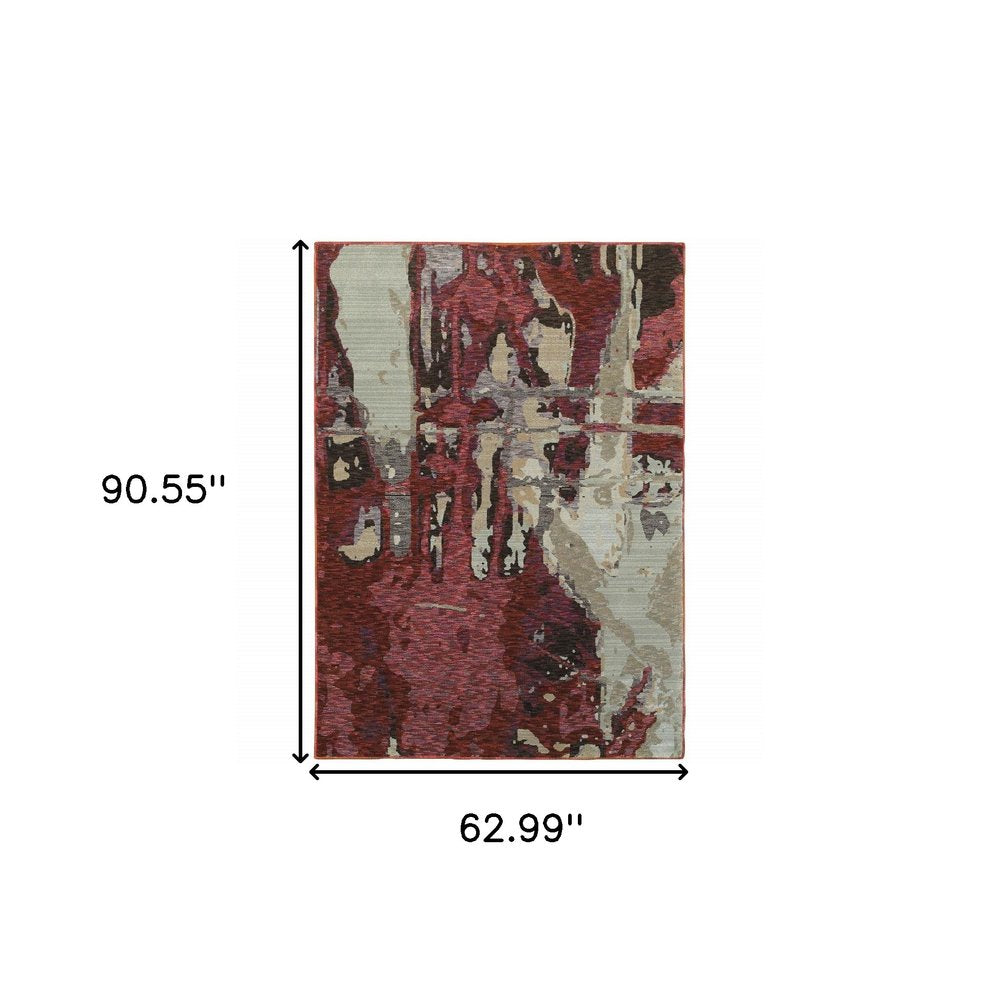 5' X 7' Red and Beige Abstract Power Loom Area Rug