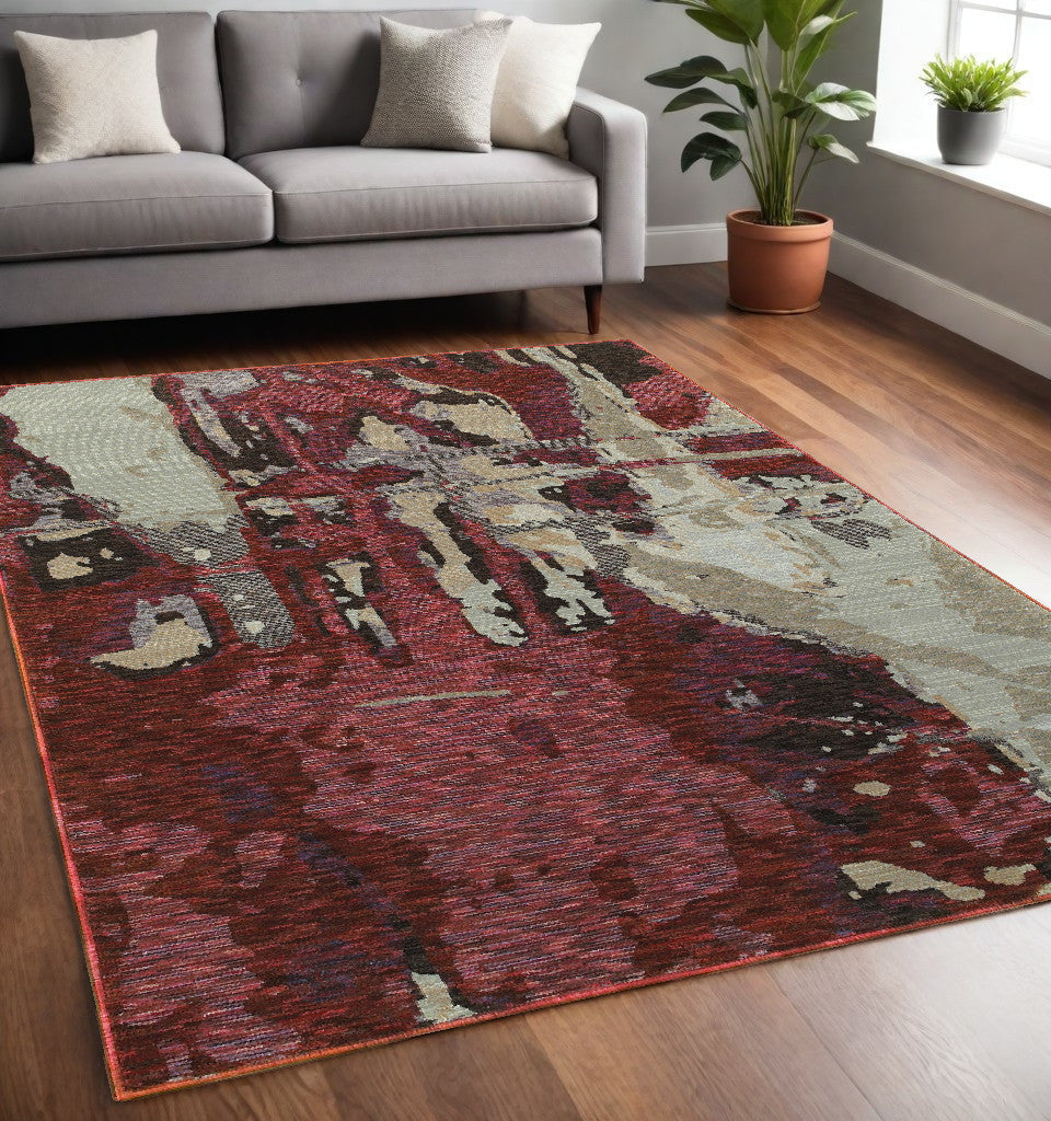 5' x 7' Red and Beige Abstract Power Loom Area Rug