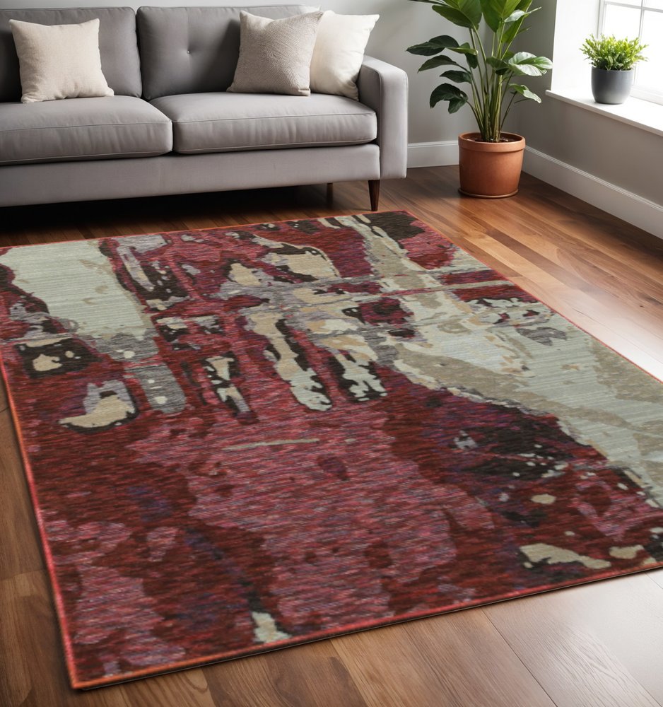 5' X 7' Red and Beige Abstract Power Loom Area Rug