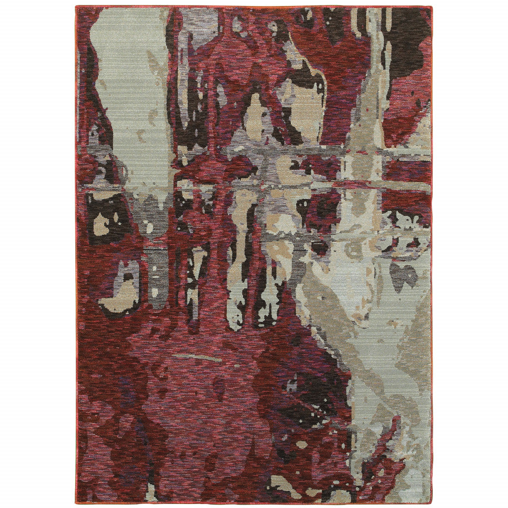 7' x 10' Red and Beige Abstract Power Loom Area Rug