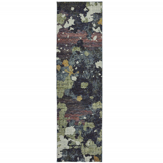 8' Blue And Green Abstract Runner Rug