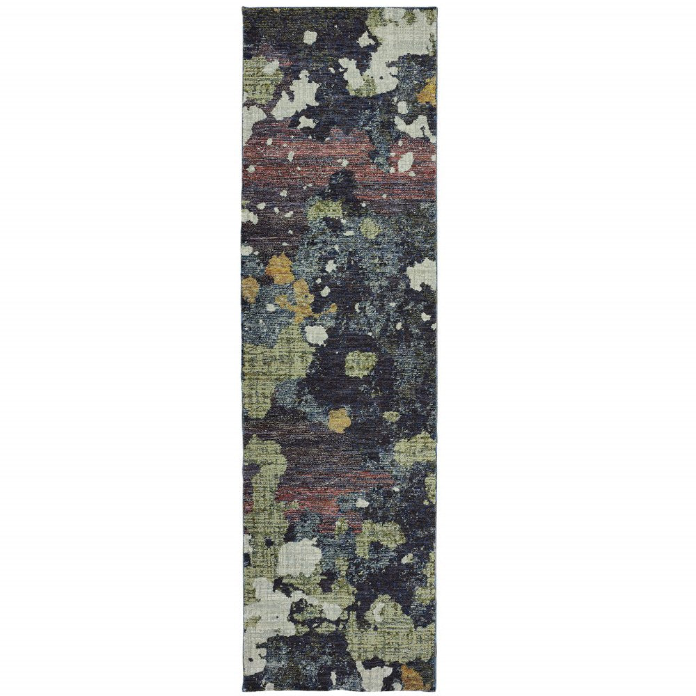 8' Blue And Green Abstract Runner Rug