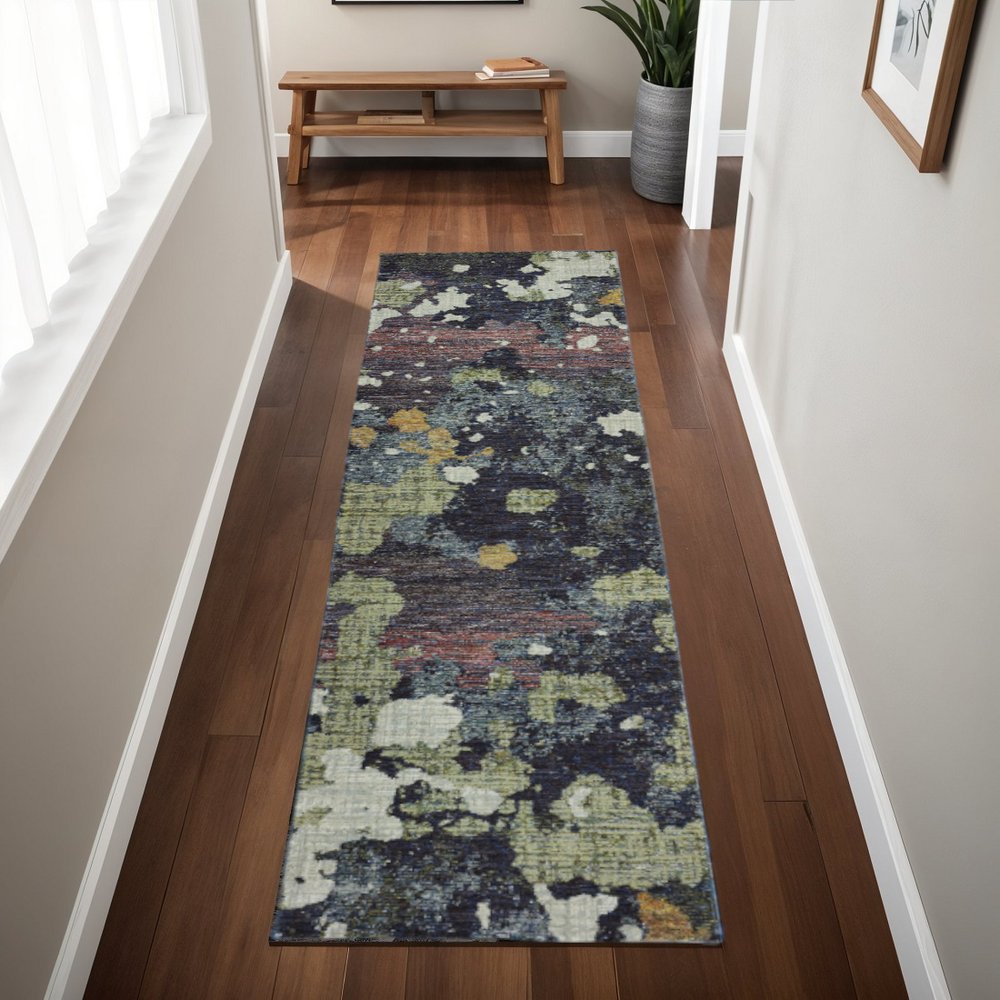 8' Blue And Green Abstract Runner Rug