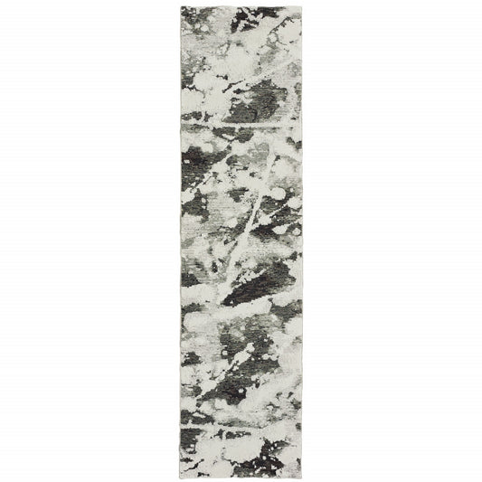 8' Runner Charcoal and White Abstract Power Loom Runner Rug