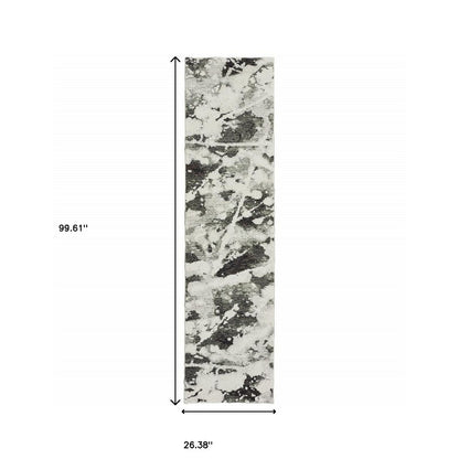 8' Charcoal And White Abstract Runner Rug