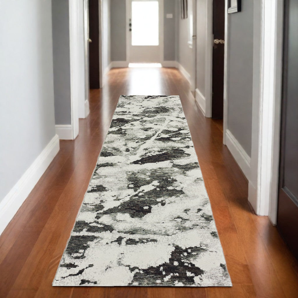 8' Runner Charcoal and White Abstract Power Loom Runner Rug