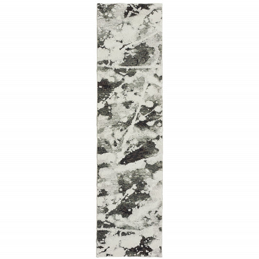 12' Runner Charcoal and White Abstract Power Loom Runner Rug