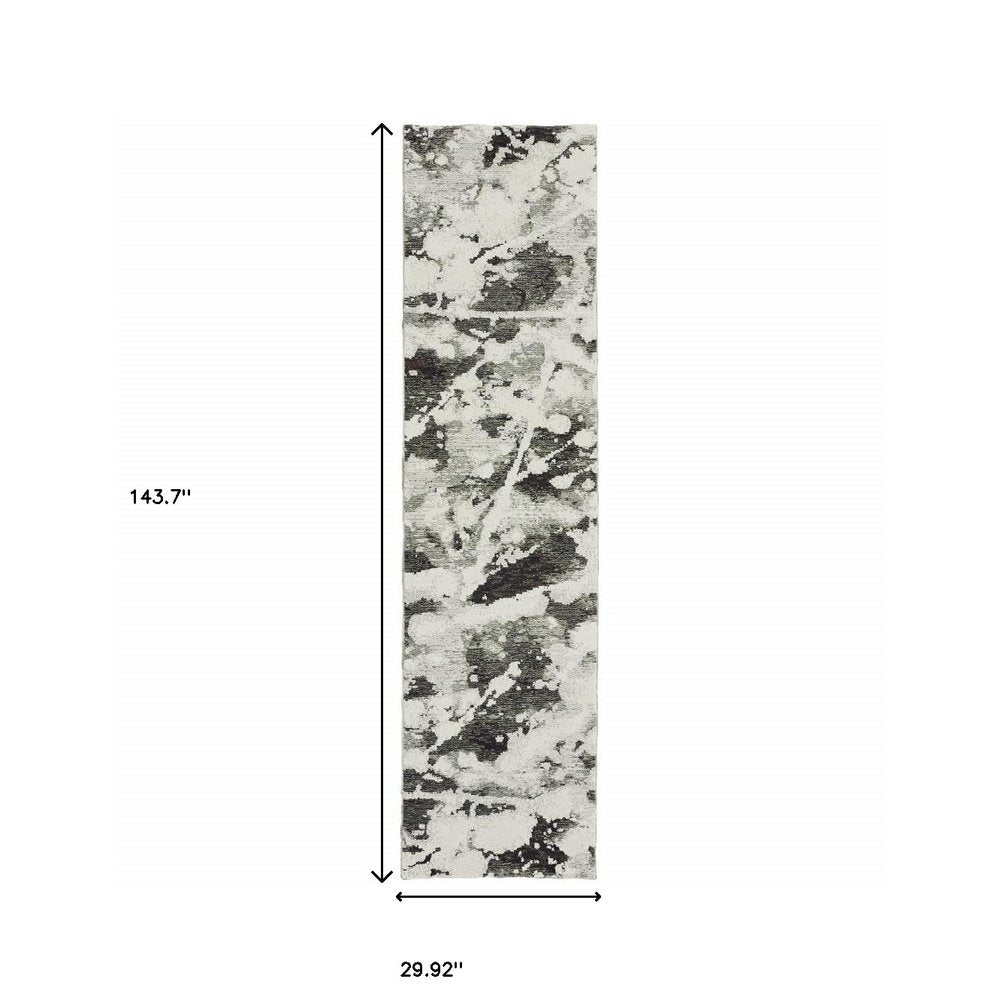 12' Charcoal And White Abstract Runner Rug
