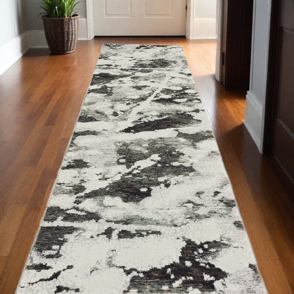 12' Charcoal And White Abstract Runner Rug