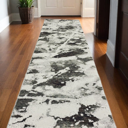 12' Charcoal And White Abstract Runner Rug