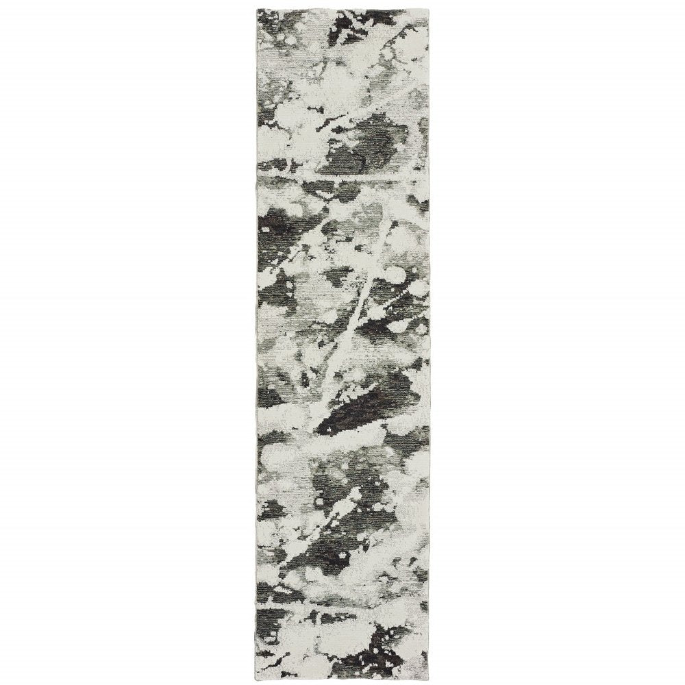 12' Charcoal And White Abstract Runner Rug