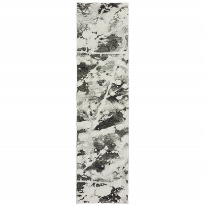 12' Charcoal And White Abstract Runner Rug