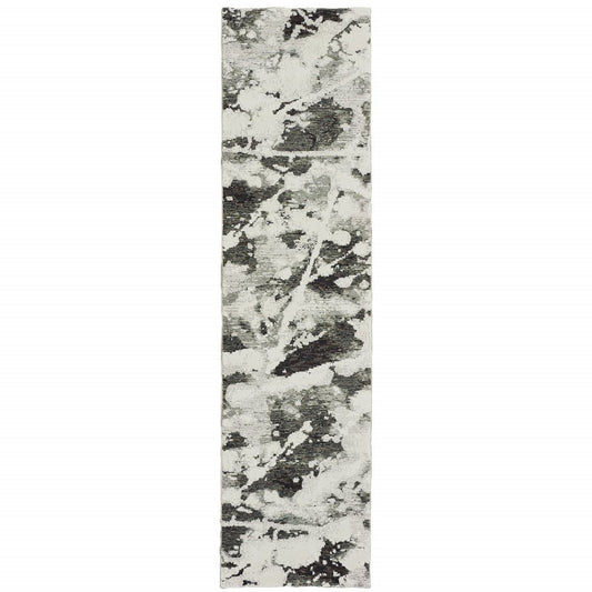 12' Charcoal And White Abstract Runner Rug