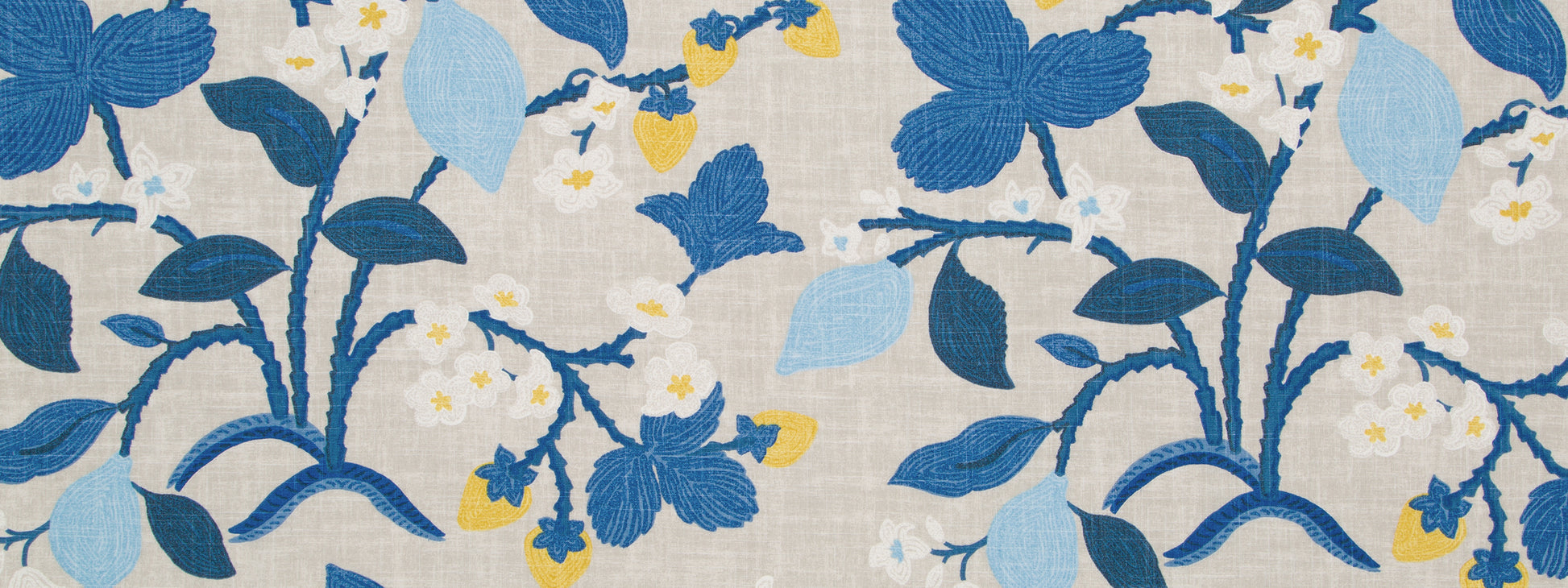Blue botanical floral print with dark and light blue stems, leaves, and small yellow flowers on beige fabric background.