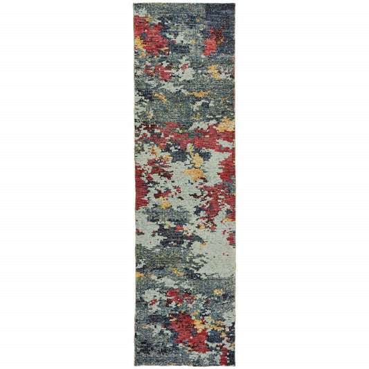 12' Runner Blue and Red Abstract Power Loom Runner Rug