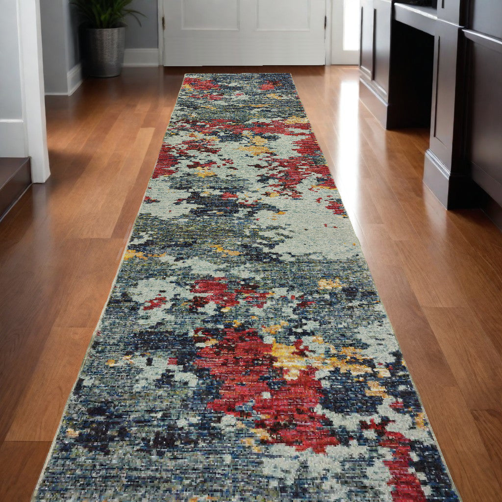 12' Runner Blue and Red Abstract Power Loom Runner Rug