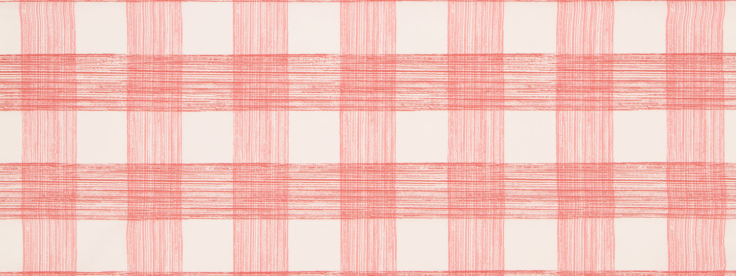 Pink and white gingham plaid fabric with even checks and a light cotton texture.