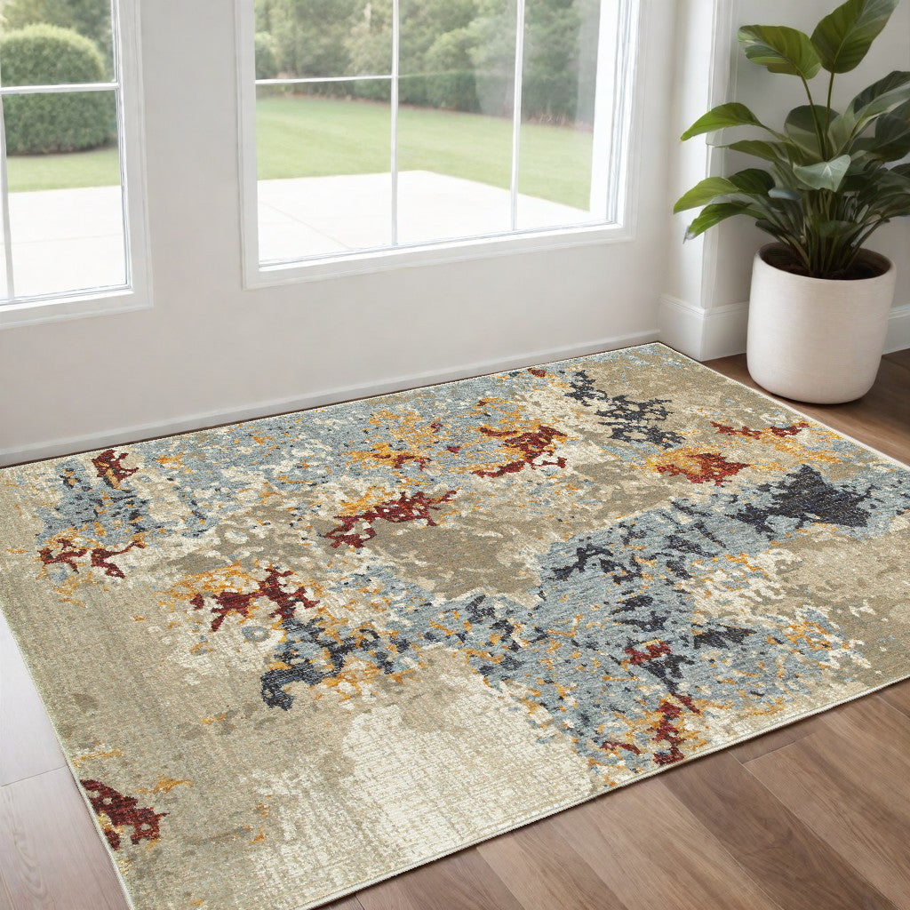 2' X 3' Blue and Beige Abstract Power Loom Area Rug