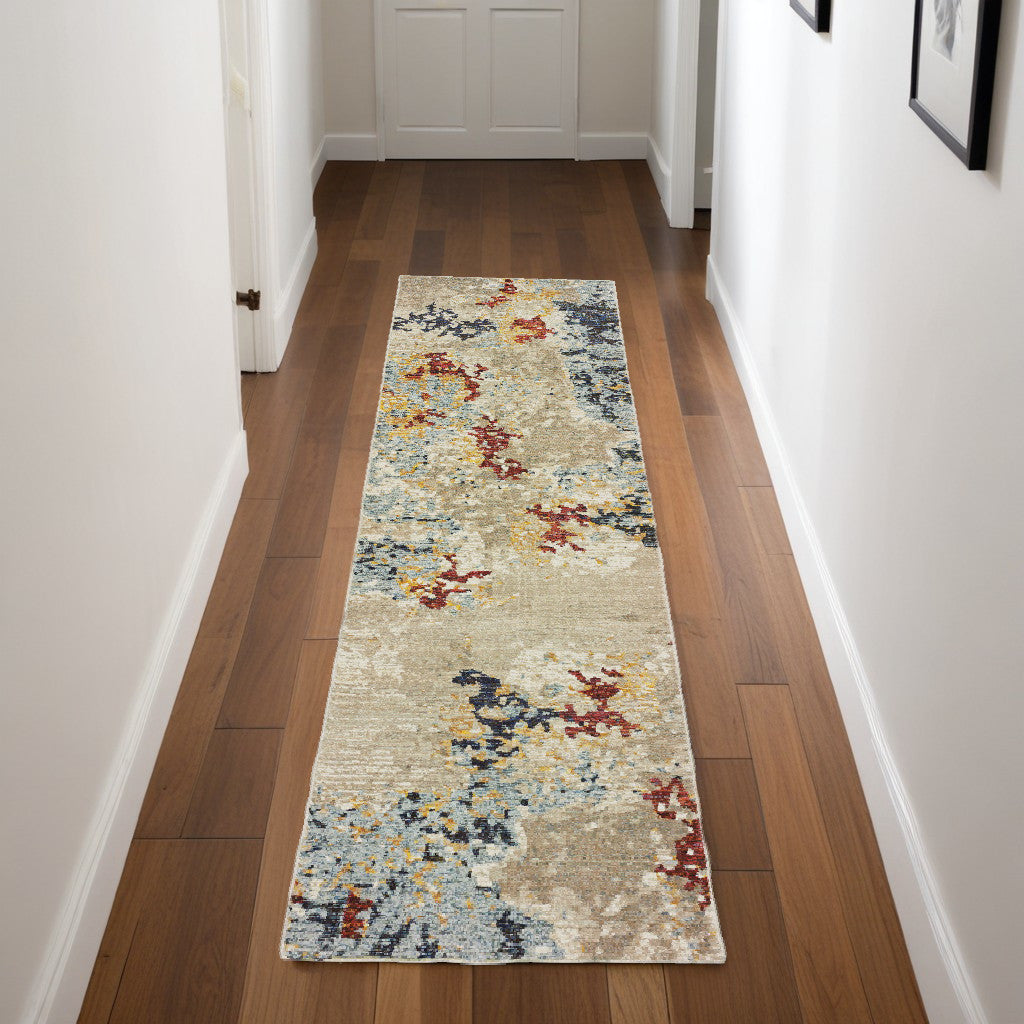 8' Runner Blue and Beige Abstract Power Loom Runner Rug