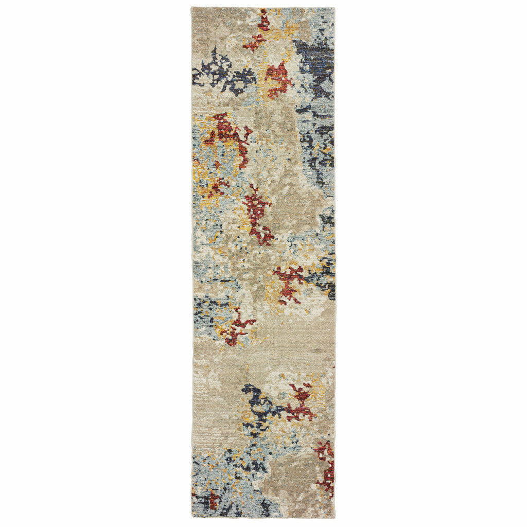 12' Runner Beige and Blue Abstract Power Loom Runner Rug