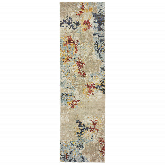 12' Runner Beige and Blue Abstract Power Loom Runner Rug