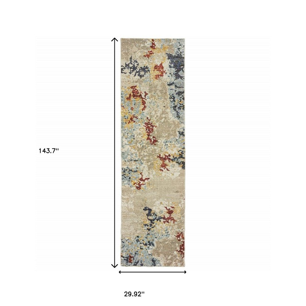 12' Beige And Blue Abstract Runner Rug