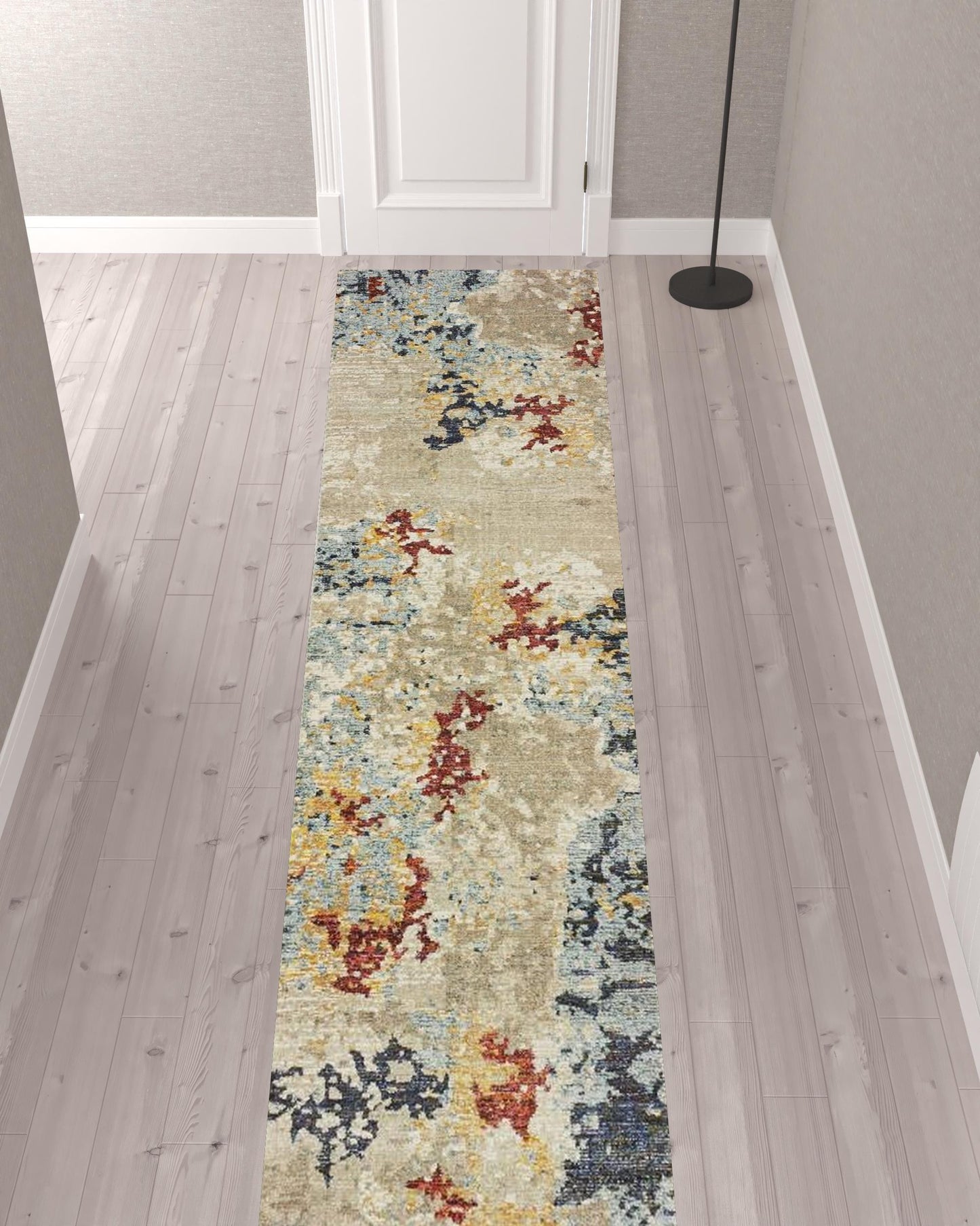 12' Runner Beige and Blue Abstract Power Loom Runner Rug