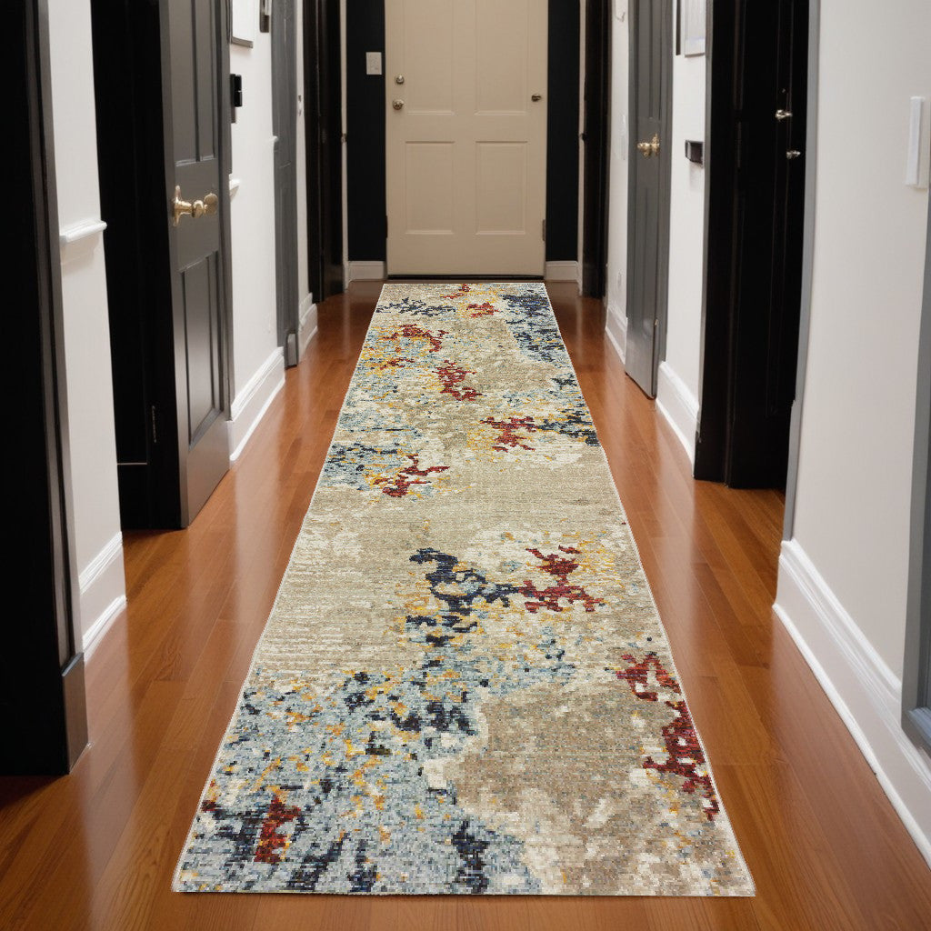 12' Runner Beige and Blue Abstract Power Loom Runner Rug