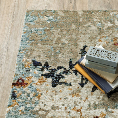 12' Beige And Blue Abstract Runner Rug
