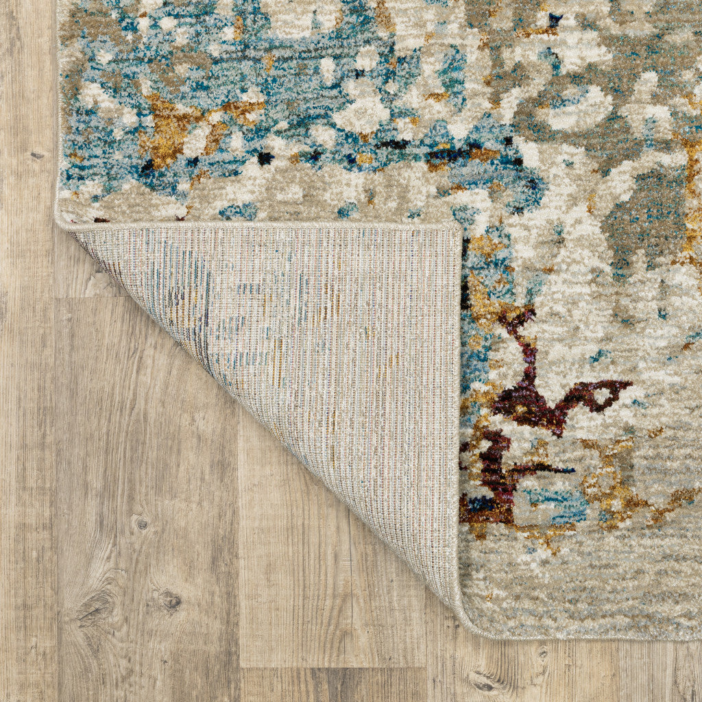 12' Runner Beige and Blue Abstract Power Loom Runner Rug