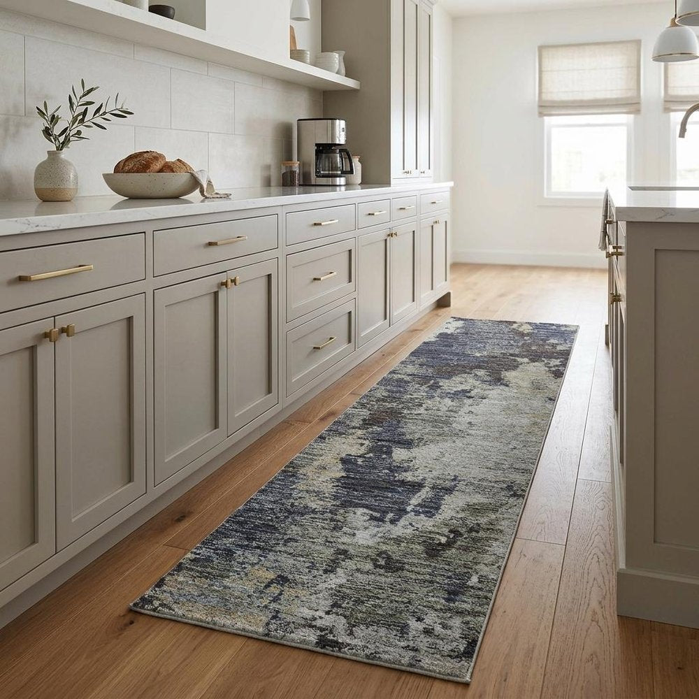 8' Navy Blue Abstract Runner Rug