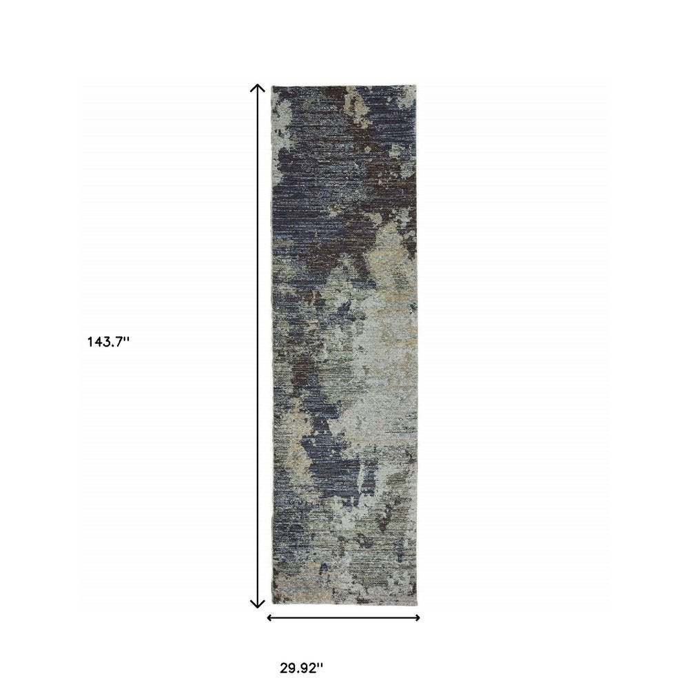 Blue abstract-pattern runner rug, 143.7 in x 29.92 in, for hallway or doorway.